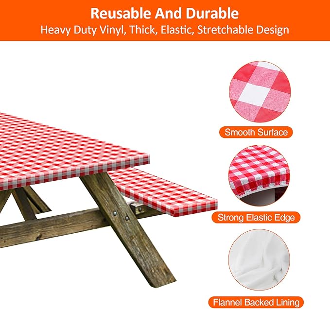 KENOBEE 8ft Picnic Table and Bench Cover, Camping Essentials RV Gear, 96 in Waterproof Windproof Outdoor Elastic All Around Tablecloth, Fitted Rectangle Tables and Seats, Red-White Checkered