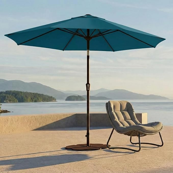 Kingdura 9FT Outdoor Patio Umbrella, Market Table Umbrella with Push Button Tilt and Crank, 8 Sturdy Fiberglass Ribs, UV Protection for Pool, Lawn, Deck, Backyard, Garden (Lake blue)