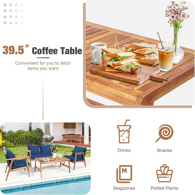 HAPPYGRILL 4 Pieces Outdoor Rattan Sofa Set Acacia Wood Frame Conversation Set with Coffee Table, Sectional Furniture Set with Cushions for Backyard Porch Garden Poolside Balcony