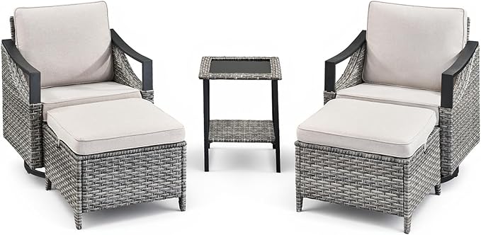 5 Pieces Wicker Outdoor Patio Furniture Set-All-Weather Wicker Patio Swivel Glider Chairs with 2 Ottoman and Glass Side Table, Outdoor Patio Conversation Sets for Porch Balcony Deck Beige/Grey