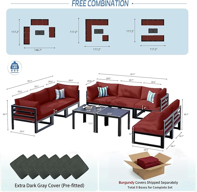 NICESOUL 8 Person Modern Aluminum Patio Furniture Set, 500 lbs Heavy Duty Sturdy Outdoor Sectional Sofa, 29" Deep Wide Large Seating, L Shaped Modular Conversation Couch for Garden Backyard, Burgundy