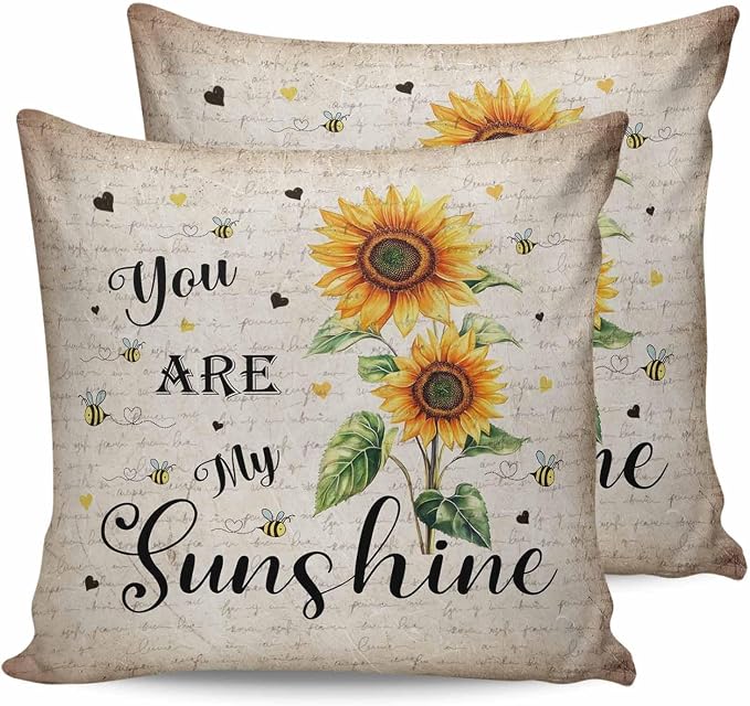Sunflower Outdoor Waterproof Throw Pillow Covers 20"x20" Set of 2, Sunflower Bee Old Newspaper Background Decorative Garden Pillowcase with Zipper Retro Farmhouse Cushion Case for Patio Couch Tent