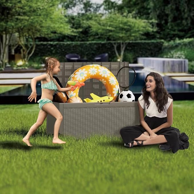 105 Gallon Waterproof Large Resin Deck Box Indoor/Outdoor Lockable Storage Container and Seating for Garden, Pool, and Patio