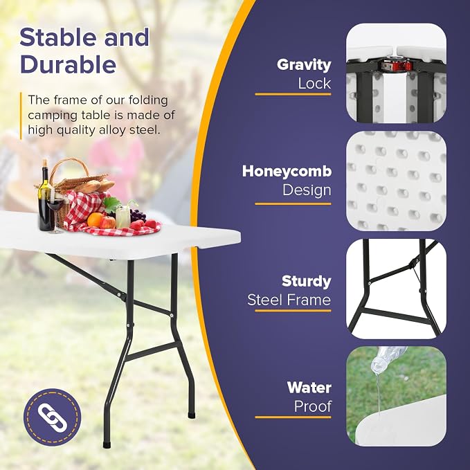 Dopinmin 8FT Plastic Camping Table Foldable Outdoor Dining Table Portable Party Table with Carrying Handle for Parties Wedding BBQ Camping Dining Kitchen,White