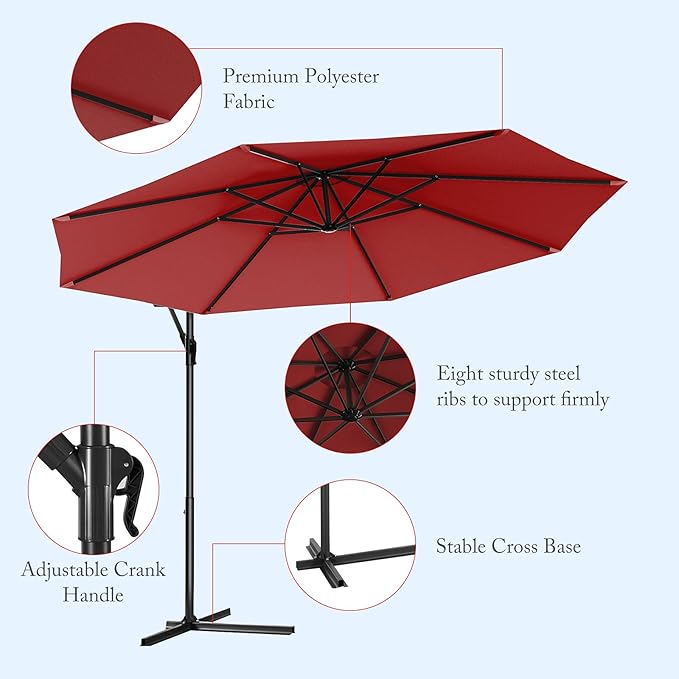 Giantex 10ft Offset Patio Umbrella, Burgundy, Outdoor Hanging Market Umbrella with Crank & Cross Base, Easy Tilt Adjustment, 96% Sunlight Protection