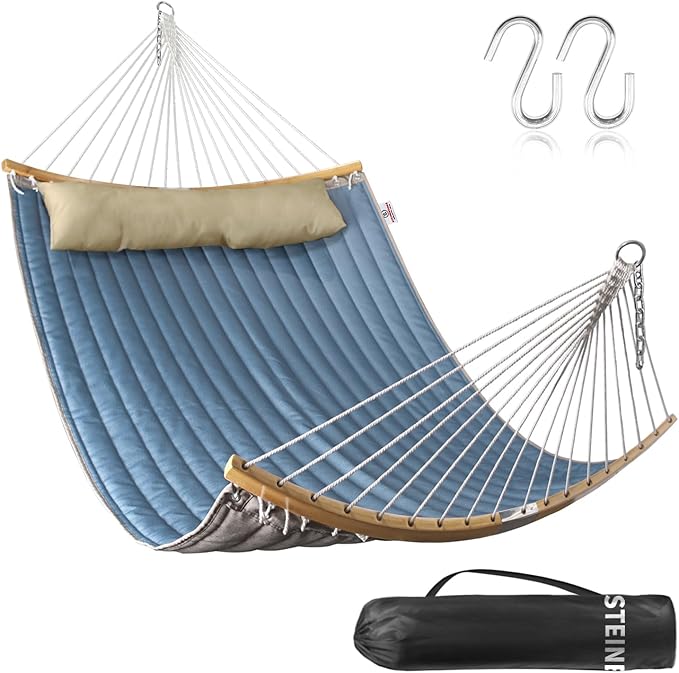 2 Person Hammock with Hanging Kits, Quilted Hammock for Tree with 2 Pcs Heavy Duty Stainless Steel S Hooks, 1 Detachable Pillow, Curved Spreader Bar,Chains, Carrying Bag,450 LBS Capacity