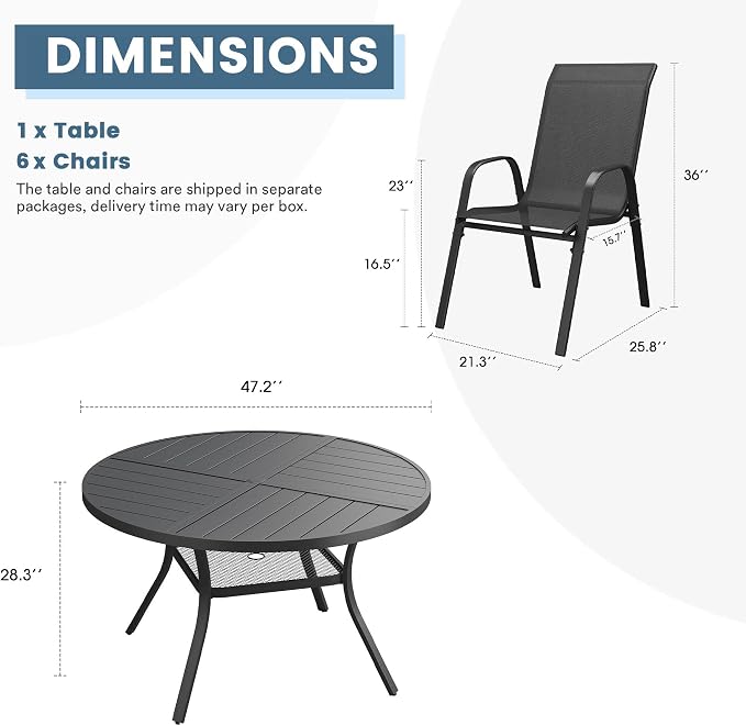 DIFY 7 Piece Outdoor Dining Set, 48" Black Round Metal Dining Table and Dark Grey Textilene Stackable Patio Chairs, Patio Table and Chairs Set for 6 with Umbrella Hole for Backyard Garden Deck