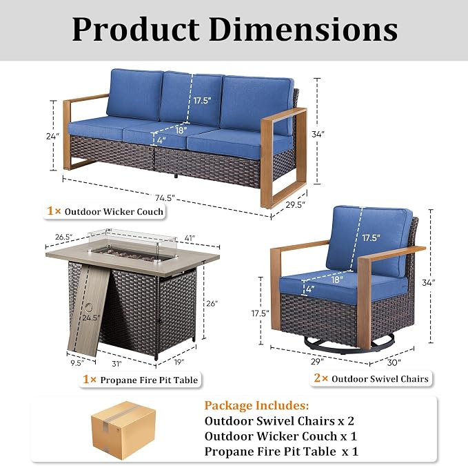 High Back Patio Furniture Set with Fire Pit Table, 4-Pieces Outdoor Furniture with Metal Arm Swivel Chairs, Wicker Conversation Set for Porch, Balcony, Deck and Yard, Blue