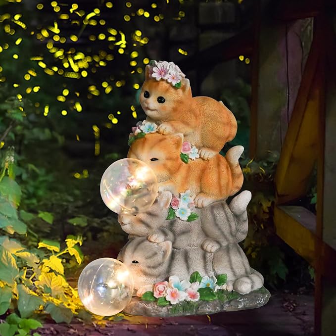 Cat Garden Statue, Orange Cats with Bubble Solar Lights, Cat Lovers Gifts | Stacked Cats Solar Lantern Lights, Lawn Ornaments for Outside Clearance, Yard, Patio, Porch Decor and Gardening Gift