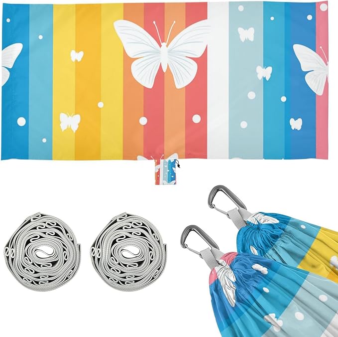 White Butterflies and Stripes Outdoor Hammock with Hanging Rope Hanging Hammock for Outside Patio Garden