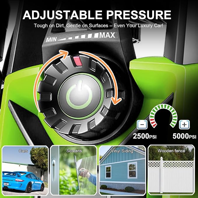 Pressure Washer 5000 PSI Adjustable Pressure, Power Wahser Powered with 33ft Pressure Hose, 4 Nozzles and 500ml Foam Cannon, Cleaner Machine for Home, Car, Green