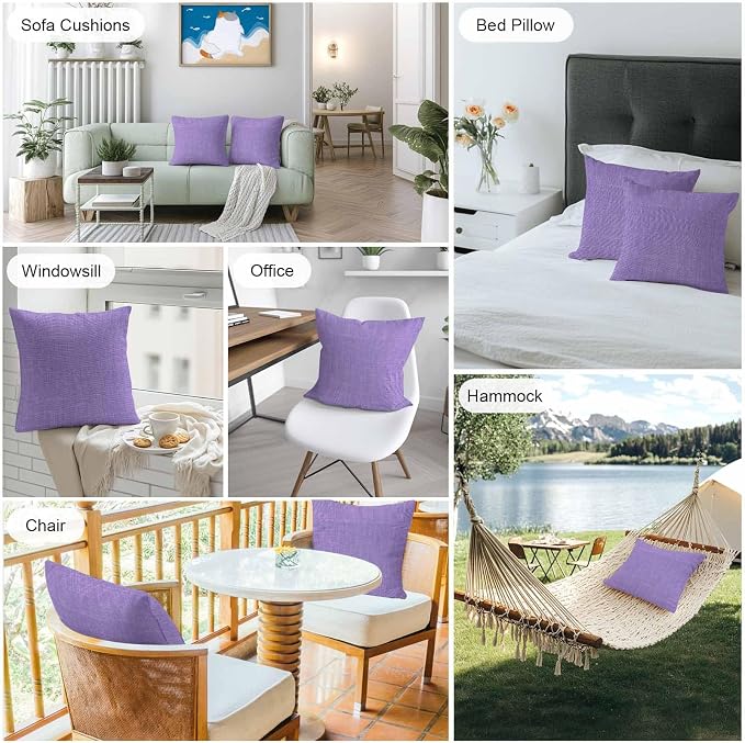 Pack of 2 Waterproof Outdoor Pillow Covers 20x20 Inch Decorative Pillow Covers Lavender Burlap Texture Throw Pillowcases Farmhouse Vintage Lavender Outdoor Cushion Cover for Couch, Patio, Tent