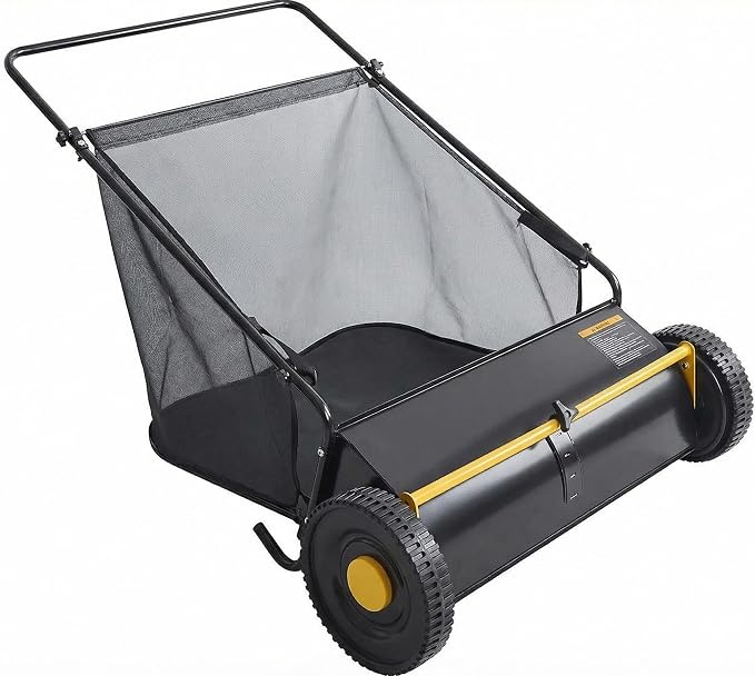 Takywep 26-Inch Push Lawn Sweeper, Anti-Rust Steel Frame, 4 High-Density Brushes, Adjustable Height, 7 Cu.Ft Collection Bag, Black with Wheel Covers & Yellow Crossbar for Yard Debris