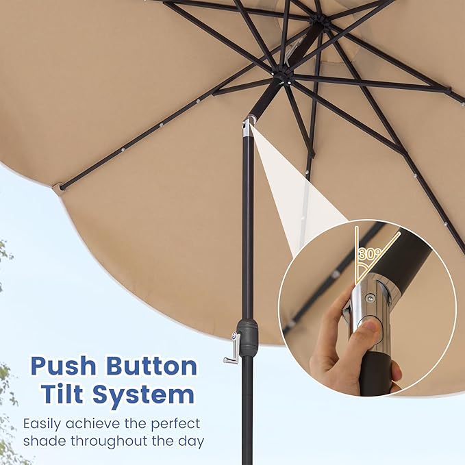 Tangkula 10 FT Solar Patio Umbrella, 2-Tiers Outdoor Scalloped Table Umbrella with 24 LED Lights, Tilt Adjustment, Crank, 8 Ribs for Market Backyard Pool Deck Beach Lawn (Tan)