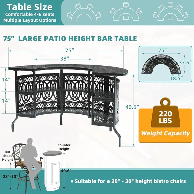 MEETWARM Large 3-Tier Half Moon Outdoor Bar Table, All-Weather Cast Aluminum 75" Patio Party Bar Table with Storage Shelves, 220 LBS Heavy Duty Patio Counter Table High Top Dining Table Home Bar Unit