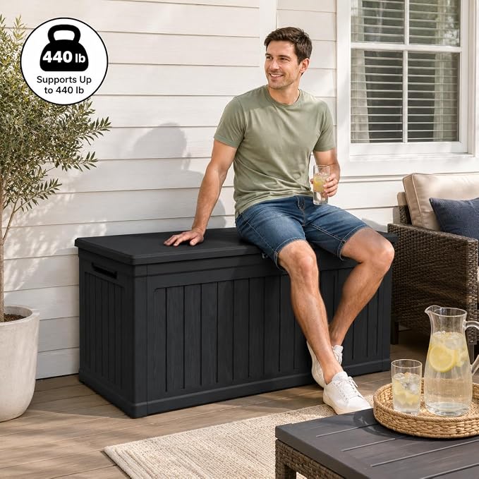 180 Gallon Large Outdoor Storage XXL Deck Box for Patio Furniture, Outdoor Cushions, Garden Tools and Sports/Pools Equipment, Waterproof Resin, Lockable, Black (Black + Plastic)