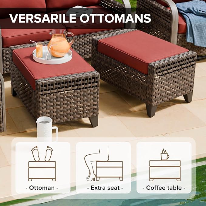 COOS BAY Modern Wicker Outdoor Furniture Set, 6 Piece Patio Conversation Set with 2 Swivel Rockers, a 3 Seat Couch, 2 Ottomans and Coffee Table, 6 Piece, Brown/Red