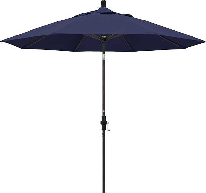 California Umbrella 9' Round Aluminum Market Umbrella, Crank Lift, Collar Tilt, Bronze Pole, Navy Blue Olefin