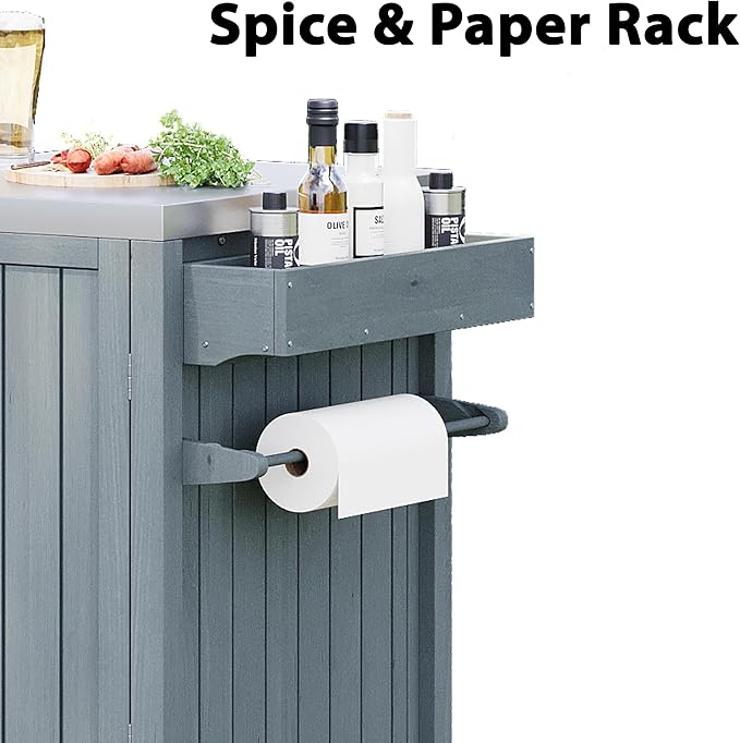 Outdoor Kitchen Island for Big Green Egg Grills, Solid Wood Outdoor Grill Cart for Tabletop Grill with Stainless Steel Top, Drawer, Compatible with Large Big Green Egg, Kamado Joe (Grey+Blue@029)