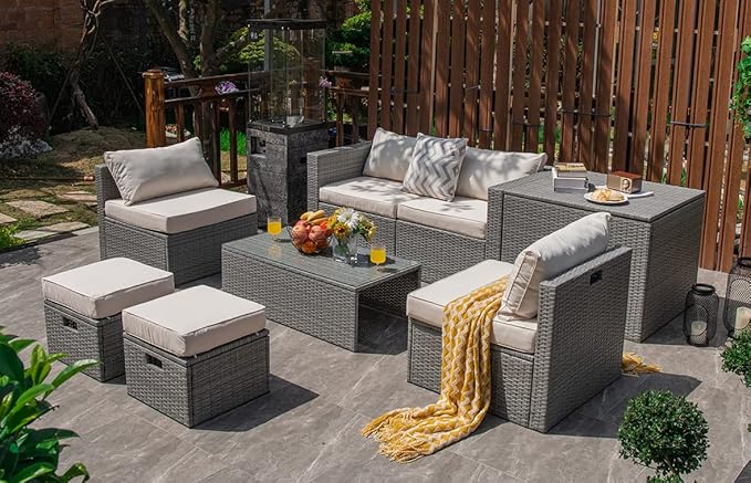 Tangkula 8 Piece Patio Wicker Furniture Set, Patiojoy Space Saving Outdoor PE Rattan Conversation Set with Storage Box & Waterproof Cover, Coffee Table, 2 Ottomans, 2 Armless Sofas & 2 Corner Sofas