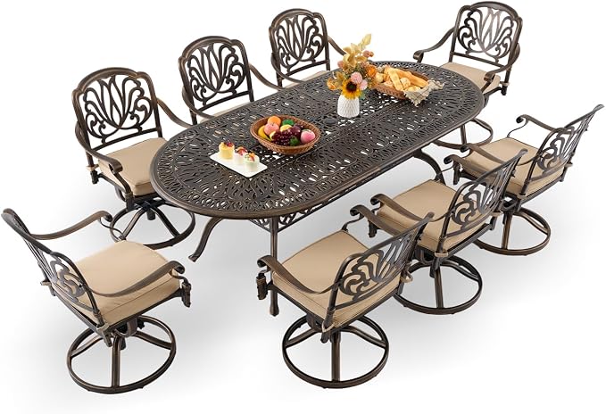 9-Pcs Cast Aluminum Patio Dining Set with 8 Swivel Chairs,Bronze | Outdoor Furniture Set Include 87" Oval Dining Table and 8 Swivel Chairs with Cushions & Umbrella Hole