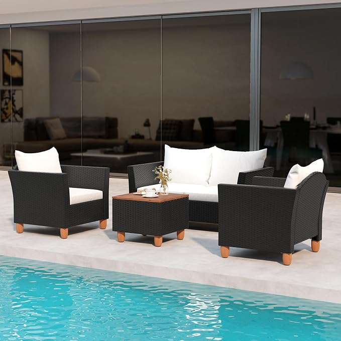 HAPPYGRILL 4 Pieces Wicker Patio Conversation Set, PE Rattan Chair & Ottoman Set with Removable Cushions, Storage Coffee Table, Outdoor Furniture Set for Garden Backyard Poolside (Off White)