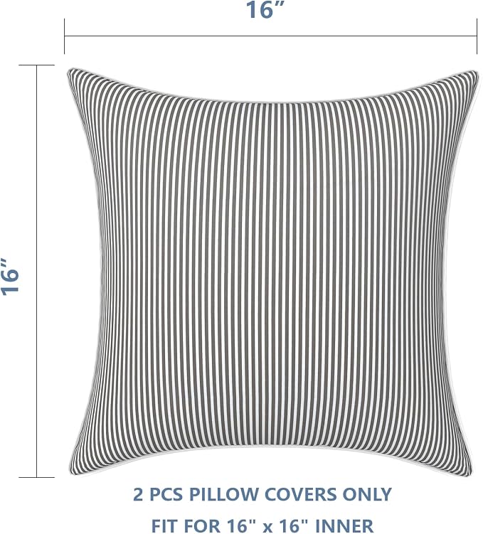 LVTXIII Outdoor Throw Pillow Covers Waterproof Tropic Accent Pillow Cases Fluffy Outdoor Cushion Covers for Garden and Patio Furniture Decoration, 16x16, 2 Pack, Strip Grey