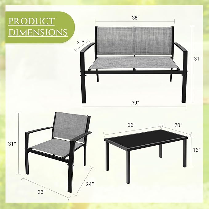 Greesum 4 Pieces Outdoor Furniture Set All Weather Patio Conversation Set with Porch Loveseat, Garden Bistro Chairs with Glass Coffee Table for Garden Backyard Poolside Textile Modern, Gray