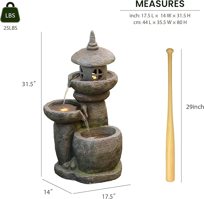 Tankana 32 inches Water Fountain Outdoor Pagoda Japaness Zen Water Fountains Garden Patio Freestanding Water Feature with LED Lights for Backyard Deck Porch Home Decor, Gray