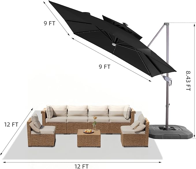 JZAC & QZYD 9x9 FT Outdoor Cantilever Patio Umbrella with Base Included and Solar LED Lights, Large Heavy Duty 2-Tier Square Aluminum Offset Umbrellas with 360-Degree Rotation for Pool Deck, Black