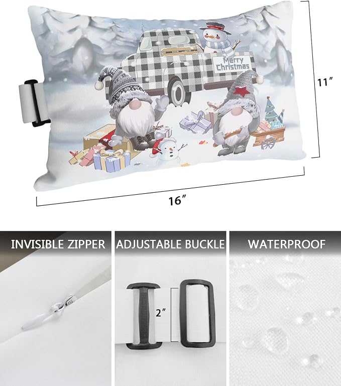 Outdoor Pillows Covers with Inserts Christmas Snowman Winter Snow Gnomes Waterproof Recliner Pillow with Adjustable Strap Throw Pillows for Patio Furniture Pool Lounge Chair, 11x16 inch, 1PCS
