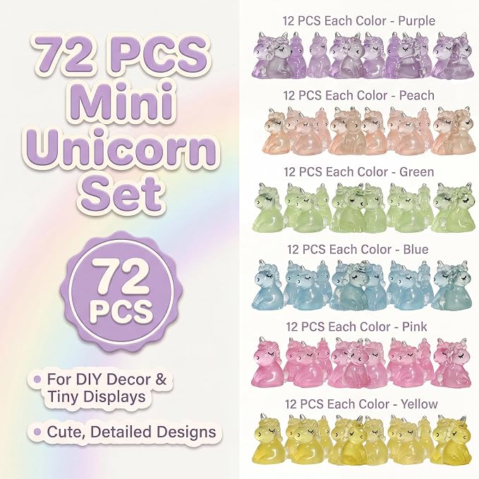 Mini Resin Unicorn Figures to Hide, 72 PCS Tiny Plastic Unicorns Small Little Resin Animal Figurines Miniature Festival Rave Trinkets Bulk Glow in the Dark for Micro Fairy Garden Aquarium Decor