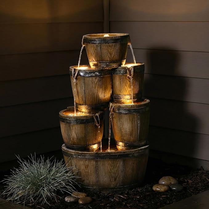 Bumilgar 24.8" Outdoor Water Fountain with LED Lights, Water Feature Outdoor 4-Tier Cascading Waterfall, Rustic Wood Barrel Garden Fountain for Patio Backyard Porch