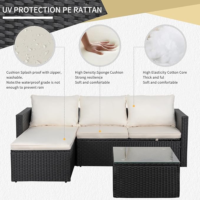 JAMFLY Beige 3-Piece Patio Furniture with Glass Coffee Table for Balcony | All-Weather PE Wicker, Thick Washable Cushions, Modular Conversation Seating for Porch, Deck & Garden