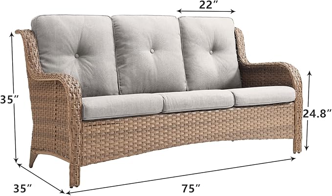 Rilyson Outdoor Couch Wicker Patio Sofa - 3 Seat Rattan Sofa with Deep Seating and Comfortable Cushions for Porch Deck Balcony Garden(Yellow/Beige)