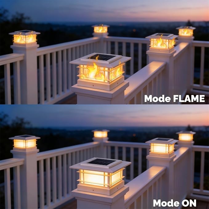 Dynaming 6 Pack Solar Post Cap Lights Outdoor with Flickering Flame Light, White Shell Fence Post Solar Lights Fit 4x4 5x5 Vinyl/Wooden Posts, Brightness LED Lighting Decor for Garden Deck Patio