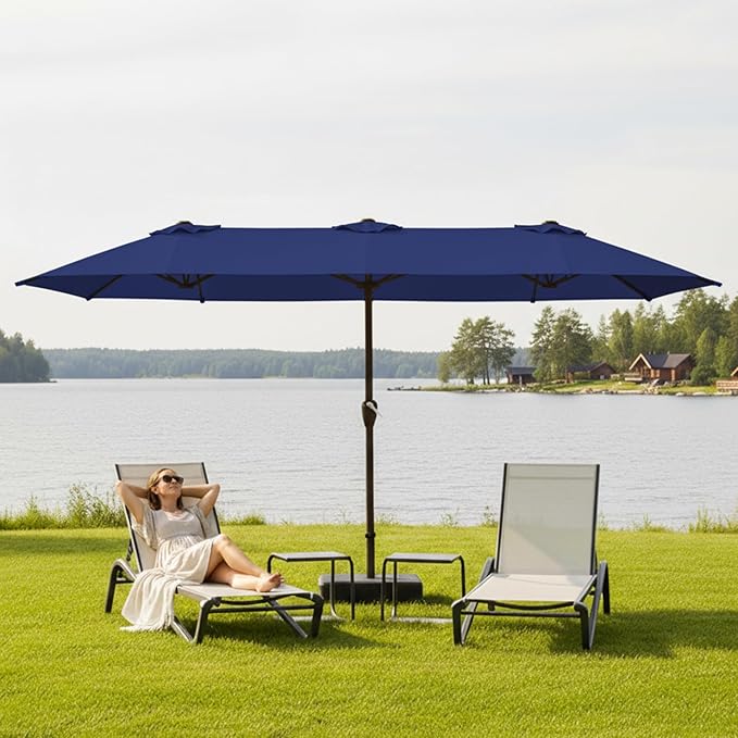 15FT Large Patio Umbrella with Base, Double Sided Rectangular Outdoor Umbrella with Sturdy Fiberglass Ribs, UPF 50+ Sun Protection, Wind-Resistant, Waterproof Fade-Resistant Fabric for Pool, Garden, Backyard, Deck(Navy)