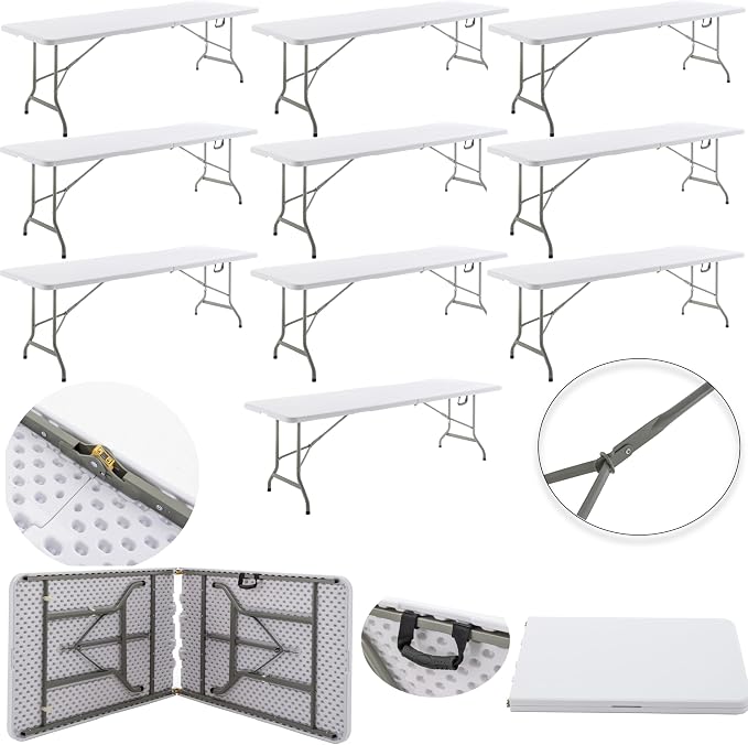 BTEXPERT Set of 10, 8 Foot Plastic Folding Table Portable 96" Long Table for Indoor Outdoor Events Banquet Dining Party Rectangular Carrying Handle 30" Wide, 29" High White