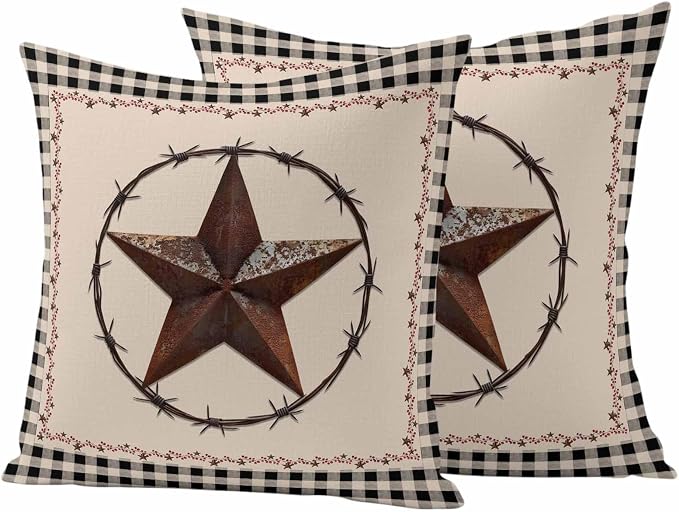 American Country Outdoor Waterproof Throw Pillow Covers Set of 2, 26"x26", Star Farmhouse Beige Black Buffalo Plaid Decorative Pillow Covers Outside Cushion Case for Patio Porch Garden