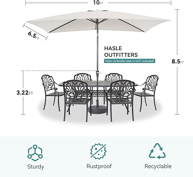 HASLE OUTFITTERS Rectangular Patio Umbrella, 6.5 x 10 ft Rectangle Table Umbrellas w/Heavy Duty Ribs, Effortless Crank and Push Button Tilt, Wind Resistant Sun Umbrella for Outdoor Patio, White