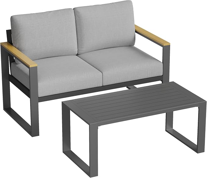IDEALHOUSE Aluminum Outdoor Patio Furniture - 1 Pcs Loveseat and Coffee Table, All-Weather Metal Modern Outside Furniture with Washable Thick Cushion for Balcony, Garden, Deck, Backyard,Gray