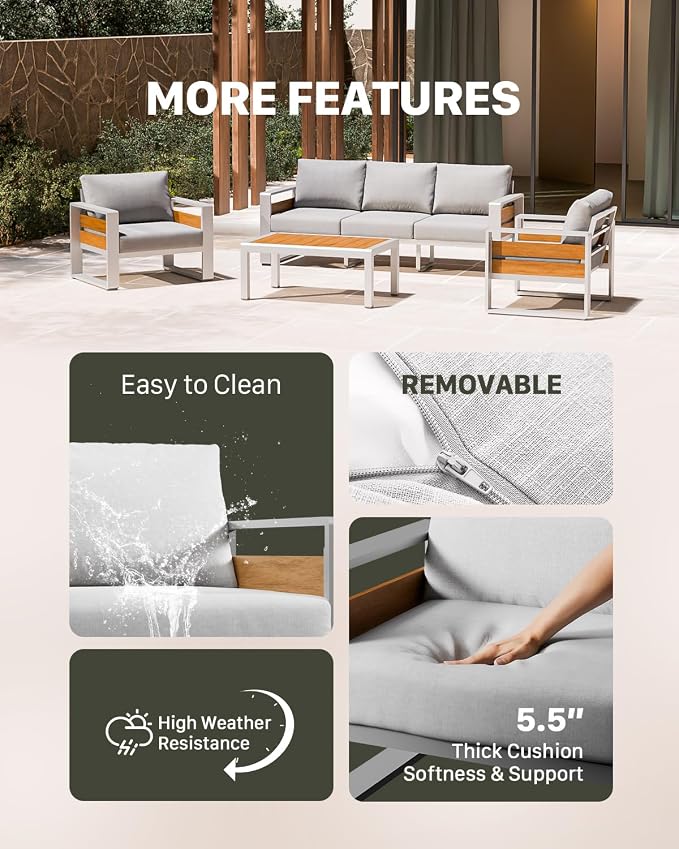 ZANDOR Aluminum Outdoor Patio Furniture Set with Coffee Table, 4 Seats Patio Conversation Sets with Washable Thick Cushions, Outdoor Sectional for Porch, Backyard, Deck, Garden & Poolside, Silver