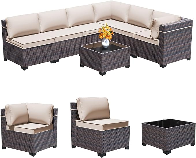 7 Pieces Outdoor Patio Furniture Set,Outdoor Sectional Furniture All Weather PE Rattan Wicker Patio Conversation Set with Coffee Table and 6 Thickened Cushions,Sand