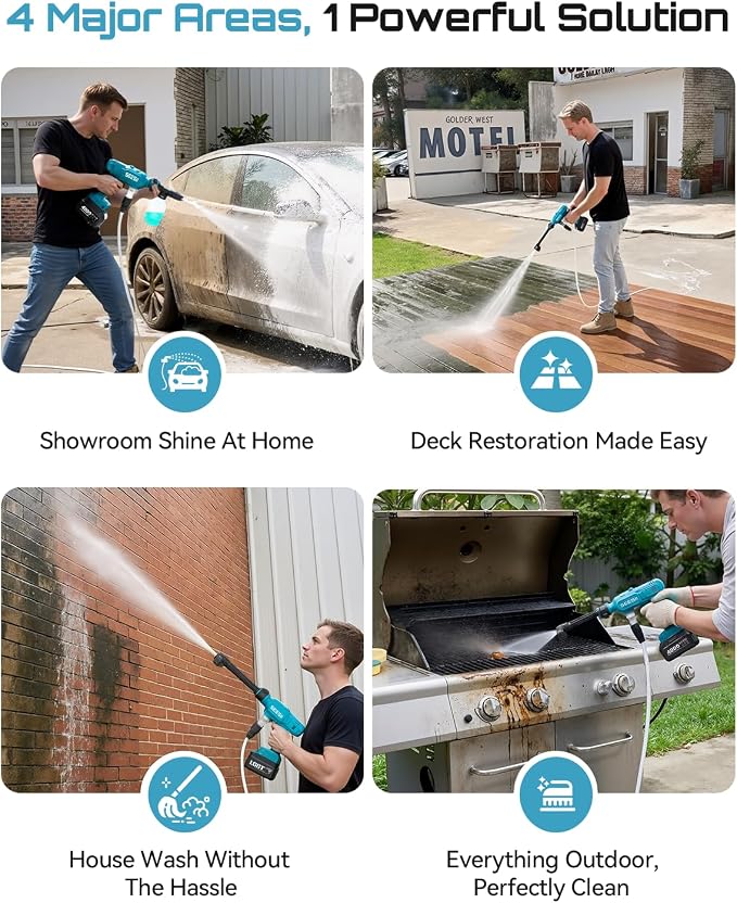 SEESII Cordless Portable Washer, Electric Power Washer with 4000mAh Battery, Lightweight Washer Gun with 6-in-1 Nozzle & 27FT Hose, Handheld Power Cleaner for Car, Driveway, Garden, Patio & Fence