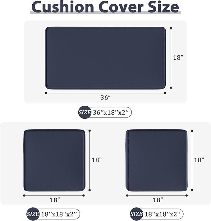 3 Pack Outdoor Patio Seat Cushions Replacement Covers Fit for 4 Pieces 4-Seater Wicker Rattan Patio Conversation Set Loveseat Chair Couch Furniture,36x18x2,18x18x2,Navy Blue-Cover Only