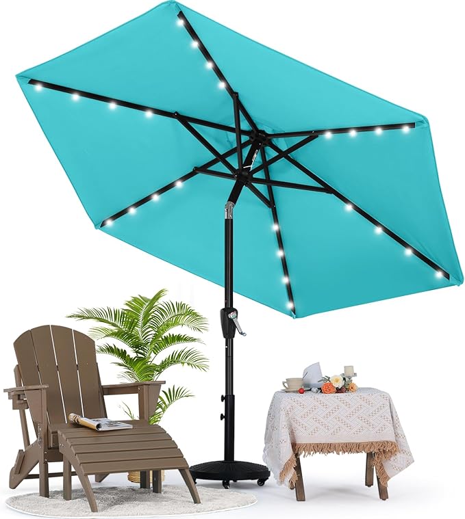 MASTERCANOPY 7.5FT 6Ribs Patio Umbrella with 32 Solar LED Lights, Outdoor Market Umbrella with Tilt & Crank, UV Protection & Fade Resistant Fabric, Easy Set-Up for Garden, Deck, Pool (Turquoise)
