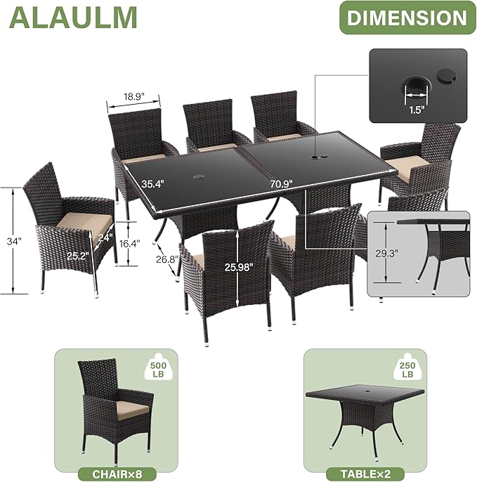 ALAULM 10 Piece Outdoor Patio Dining Set for 8 All-Weather Wicker Patio Furniture Set w/Tempered Glass Tabletop, Removable Cushions and Umbrella Hole for Patio, Backyard, Garden, Poolside (Brown)