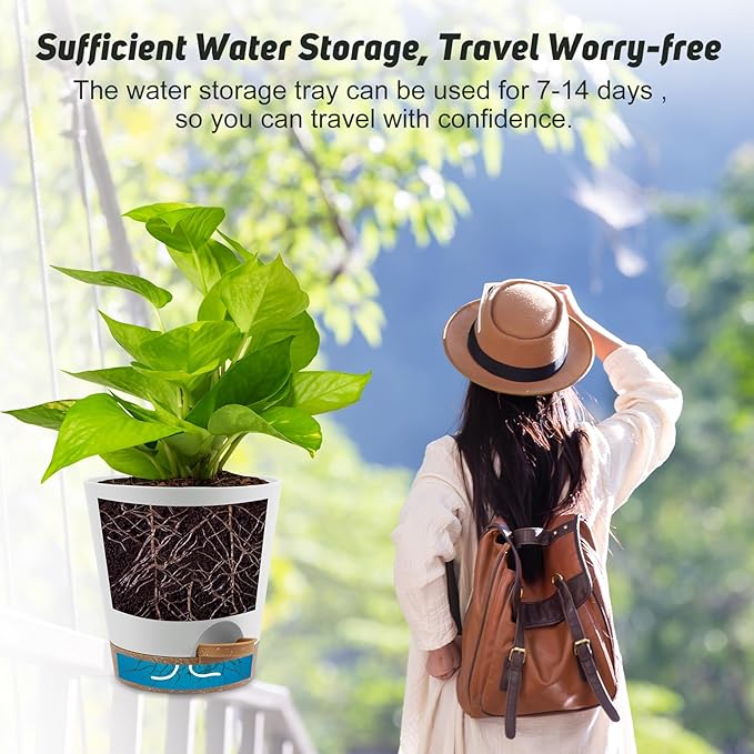 YNNICO 8-Inch Plant Pots, Self-Watering Planters with Drainage Holes & Saucers for Indoor and Outdoor Plants (2-Pack, White)