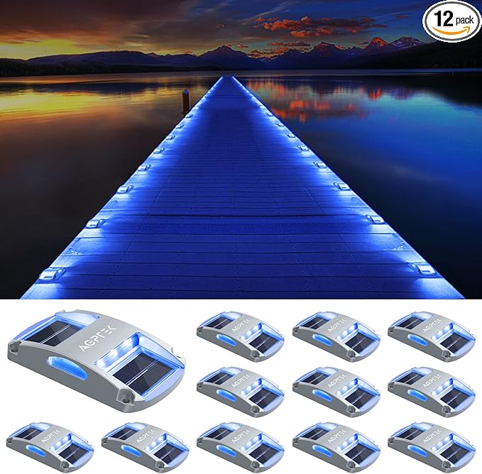 AGPTEK Solar Driveway Lights 12 Pack, Outdoor Deck Dock Marine LED Solar Powered Waterproof Driveway Marker Lights for Warning Step, Sidewalk, Pathway, Garden, Yard (Blue Light)
