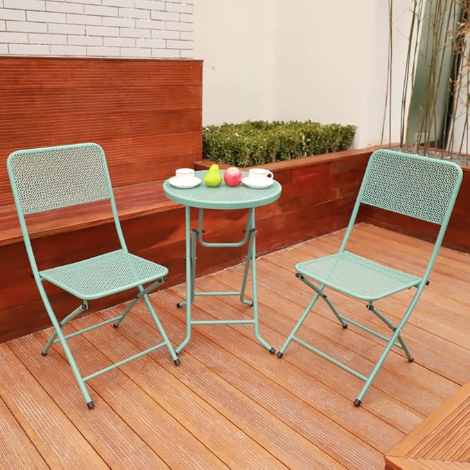 3-Piece Patio Bistro Set, Metal Folding Outdoor Patio Furniture Sets, Stainless Steel Patio Conversation Set with Folding Patio Round Table and Chairs for Yard, Garden or Balcony